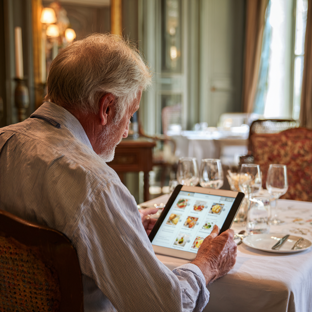 Мъж на 58 години разглежда персонализирано меню на таблет в трапезарията