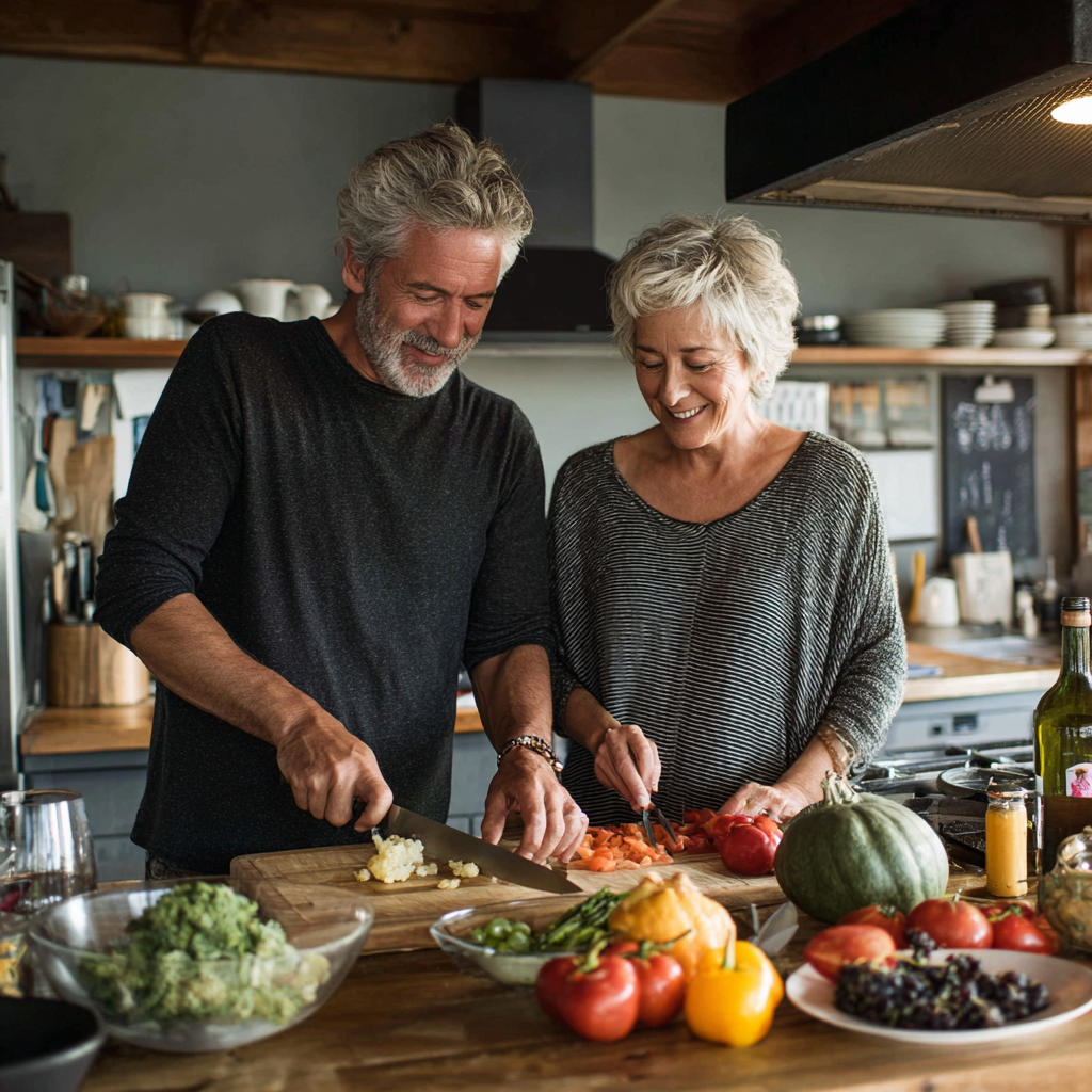 Двойка в края на 50-те години готви здравословна храна заедно в модерна кухня