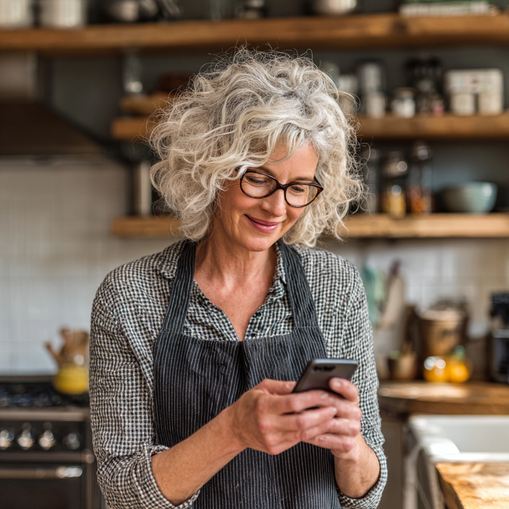 Усмихната жена на 55 години попълва профил на телефона си в кухнята